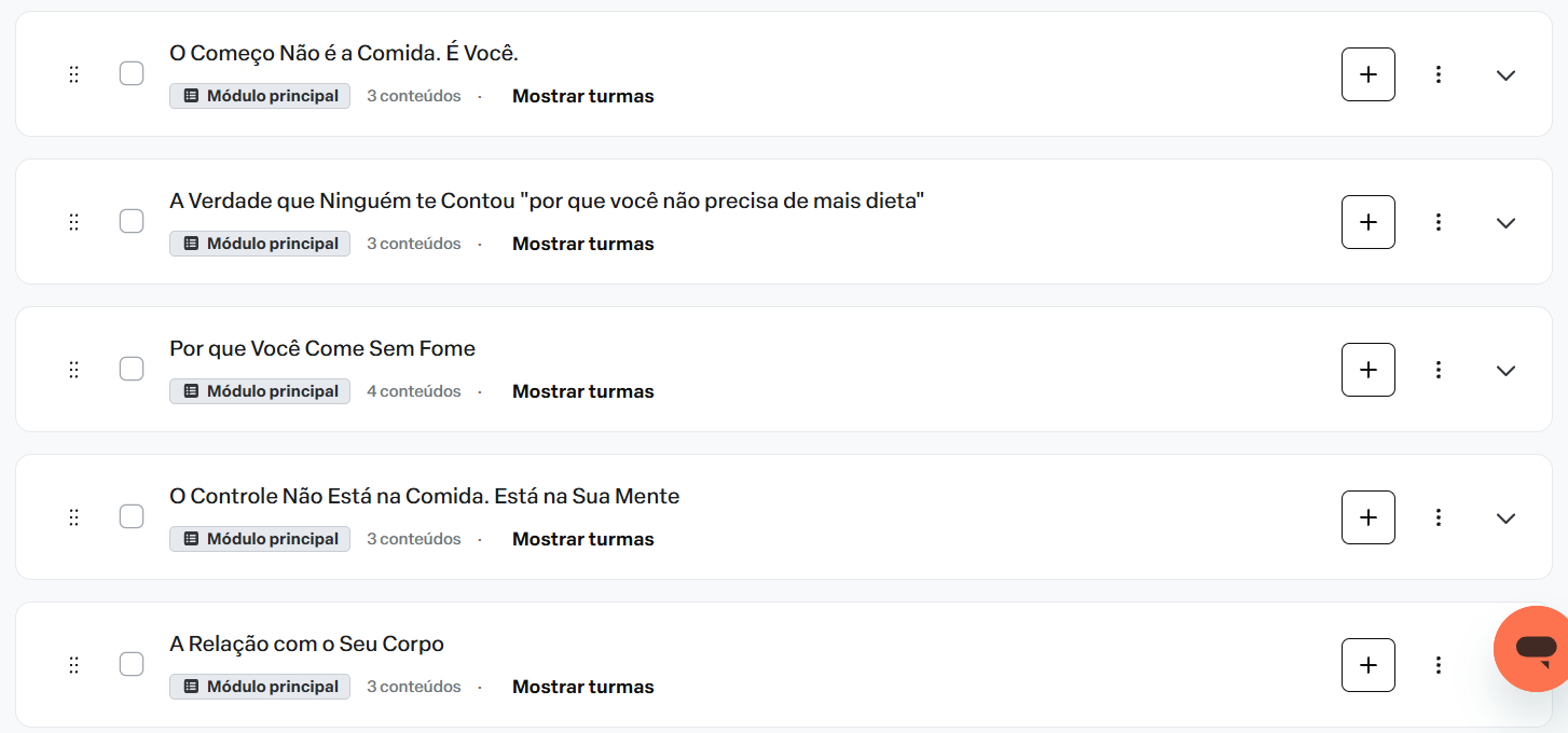 Prévia da organização dos módulos na plataforma de aulas